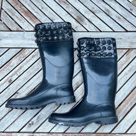 Burberry Black Rainboots Studded Cuff Leather Tall Boots - Picture 2 of 6